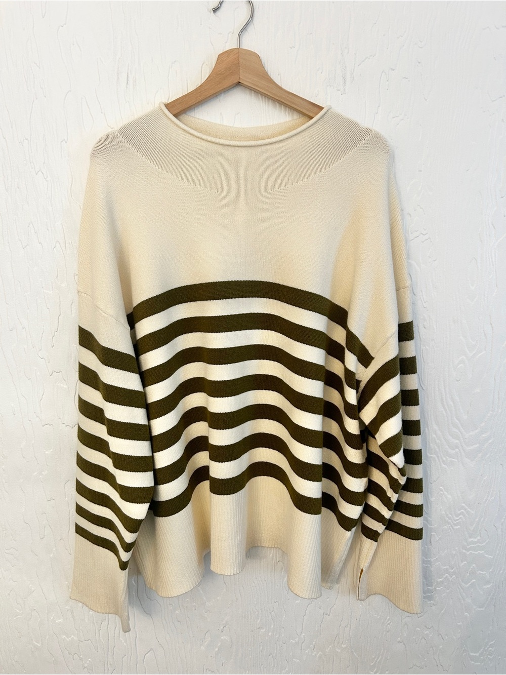JOE FRESH NWT Breton Stripe Roll Neck Sweater Cream Olive 2X Coastal Cozy Casual